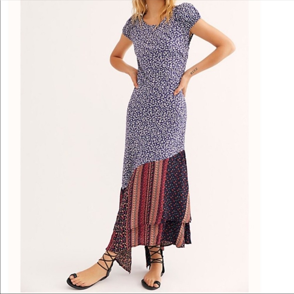 Free People Blue and Red Patterned Midi Dress